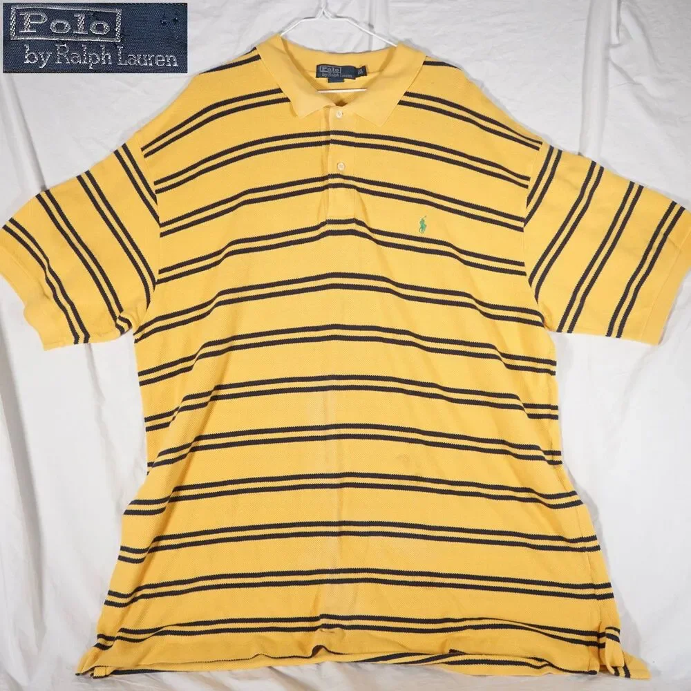 Polo Ralph Lauren Vintage Polo Shirt Yellow Black Striped Heavy Knit Men's 3XB